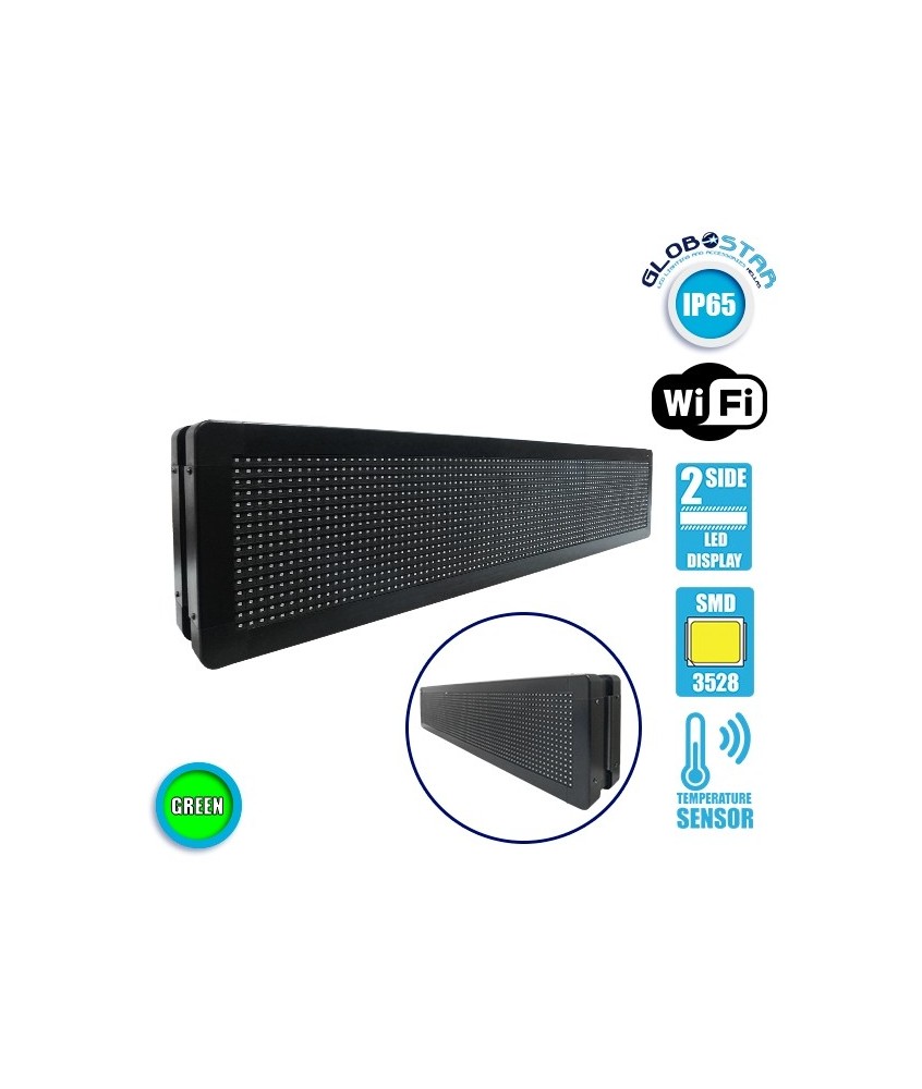 GLOBOSTAR® DISPLAY 90302 Κυλιόμενη Ψηφιακή Επιγραφή P10 Διπλής Όψης LED AC 220-240V Αδιάβροχο IP65 Πράσινο - WiFi Control μέσω FK APP - Αισθητήρας Θερμοκρασίας & Υγρασίας - Μ104 x Π12 x Υ20cm - 2 Χρόνια Εγγύηση